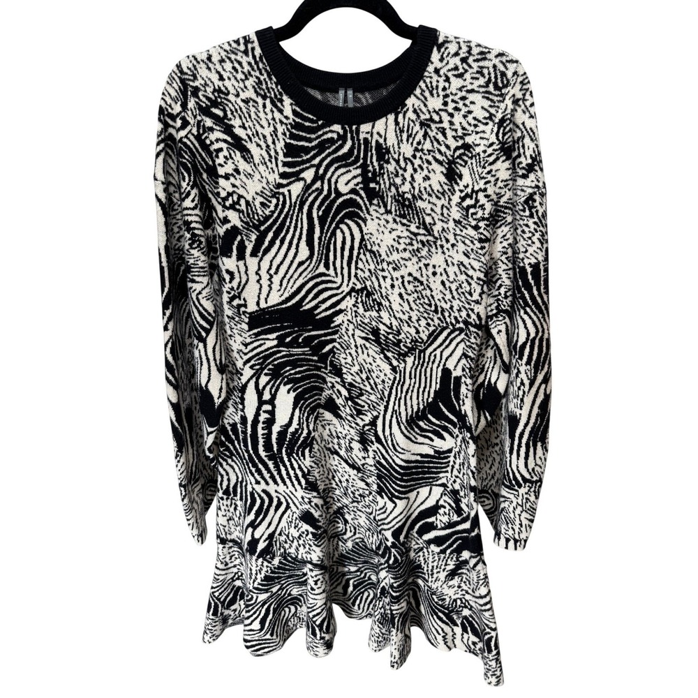 Anthropologie Animal Print Sweater Dress Womens Small Zebra Ruffle Mini Babydoll